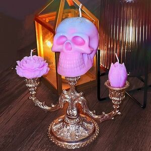 Gothic Glam Skull Candle Set – Scented Pink Skull with Rose & Bud